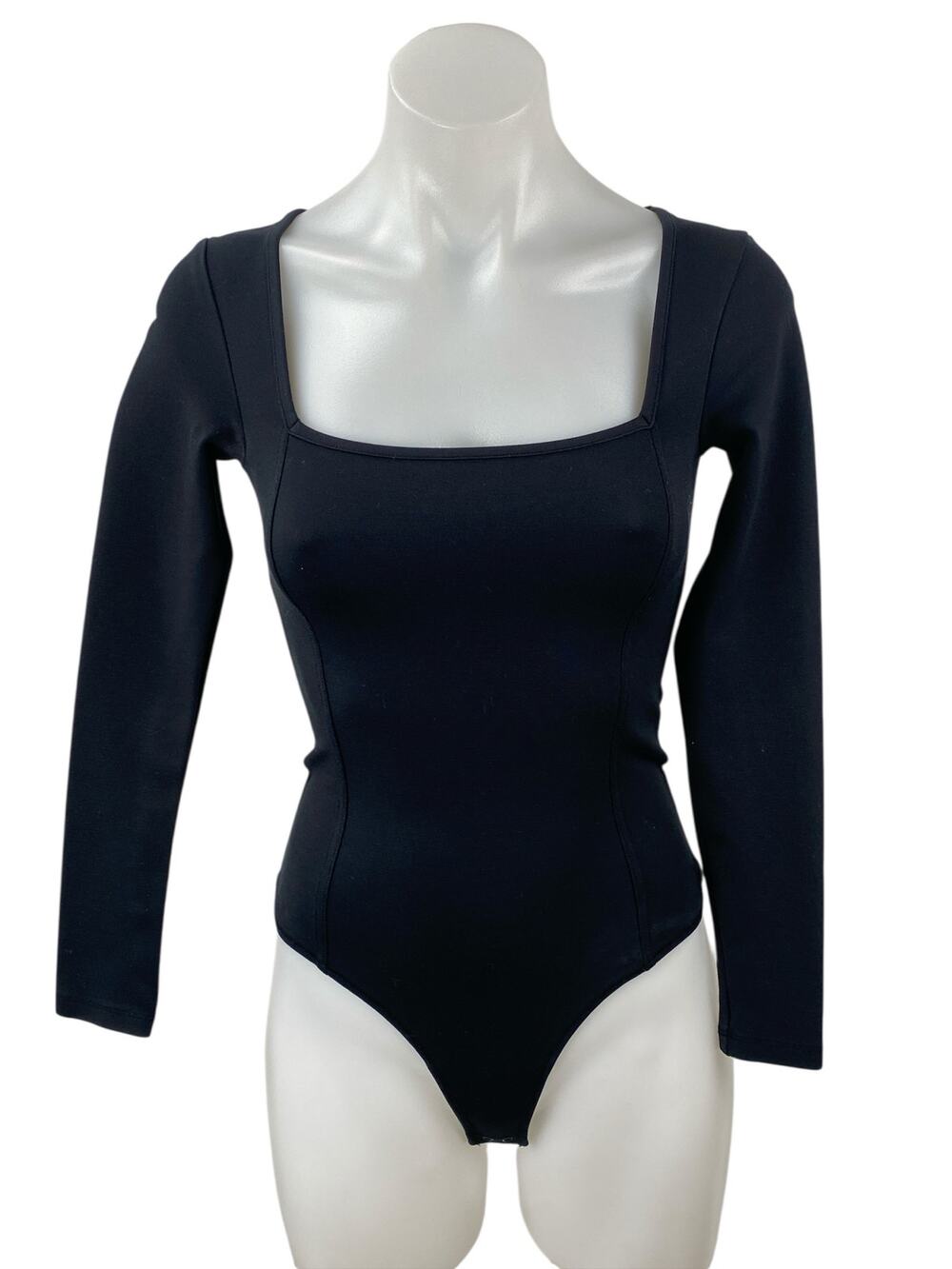 Abercrombie & Fitch Black Long Sleeve Square Neck Knit Thong Bodysuit Top Size S